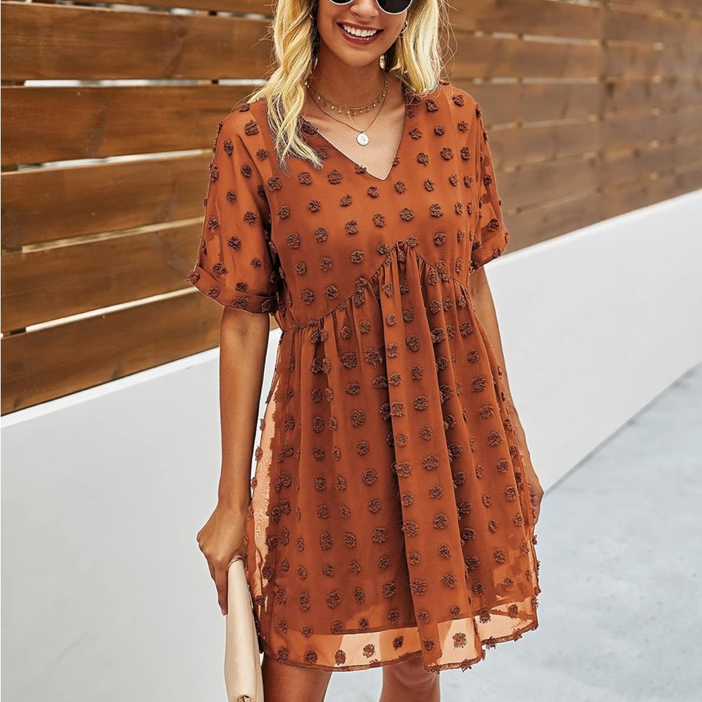 Women’s Casual Short Sleeve Swiss Dot Loose Fit Baby Doll Orange V Neck Dress